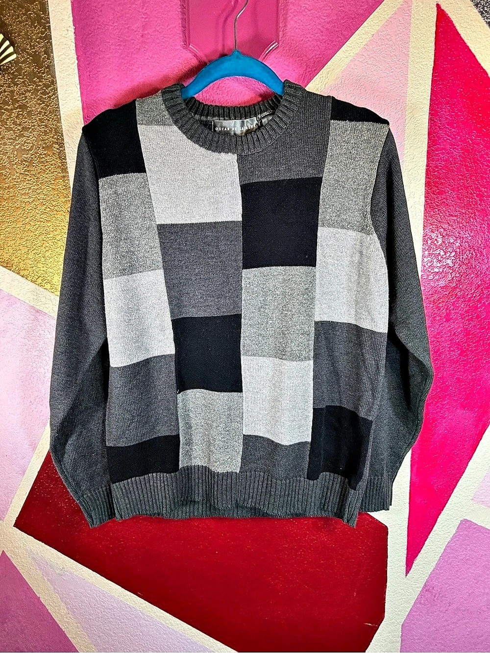 Vintage Oscar de la Renta Gray Black Colorblock Patchwork Knit Sweater XL